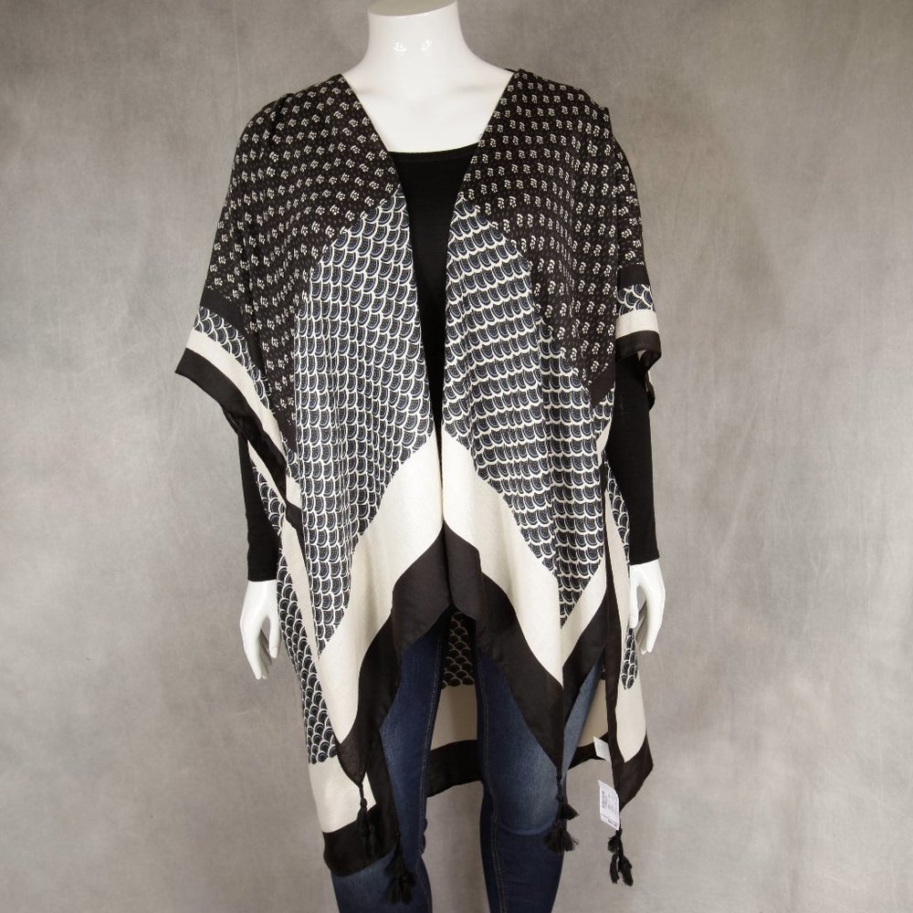 CJ Banks shawl over the shoulder black and white